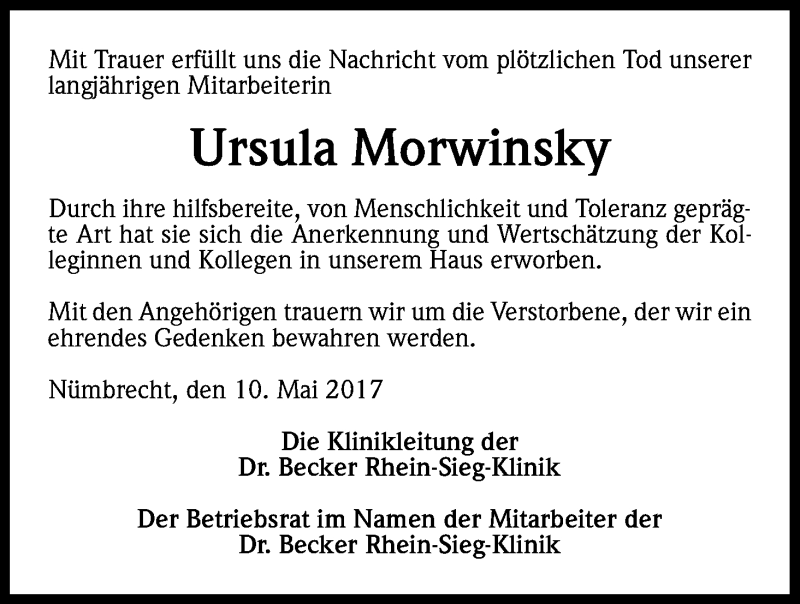  Traueranzeige für Ursula Morwinsky vom 12.05.2017 aus Kölner Stadt-Anzeiger / Kölnische Rundschau / Express