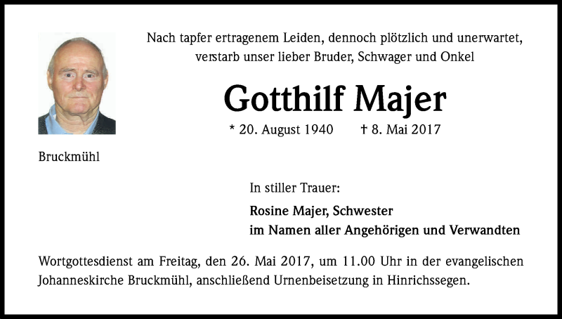  Traueranzeige für Gotthilf Majer vom 23.05.2017 aus Kölner Stadt-Anzeiger / Kölnische Rundschau / Express