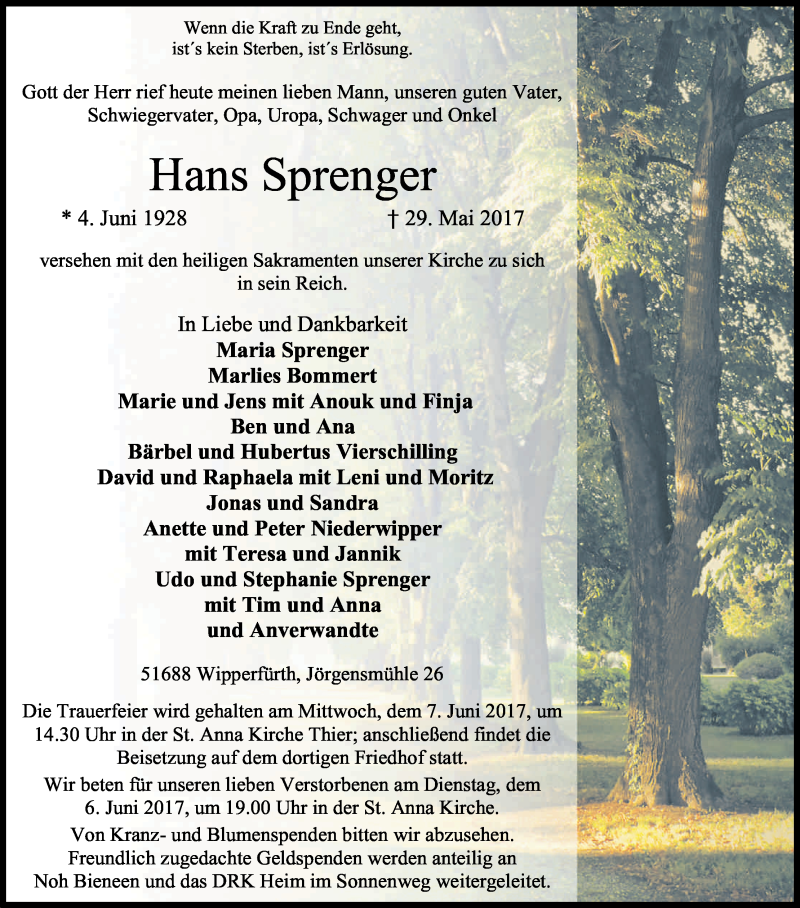  Traueranzeige für Hans Sprenger vom 01.06.2017 aus Kölner Stadt-Anzeiger / Kölnische Rundschau / Express