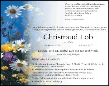 Anzeige von Christraud Lob von Kölner Stadt-Anzeiger / Kölnische Rundschau / Express