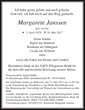 Anzeige von Margarete Janssen von  Wochenende 