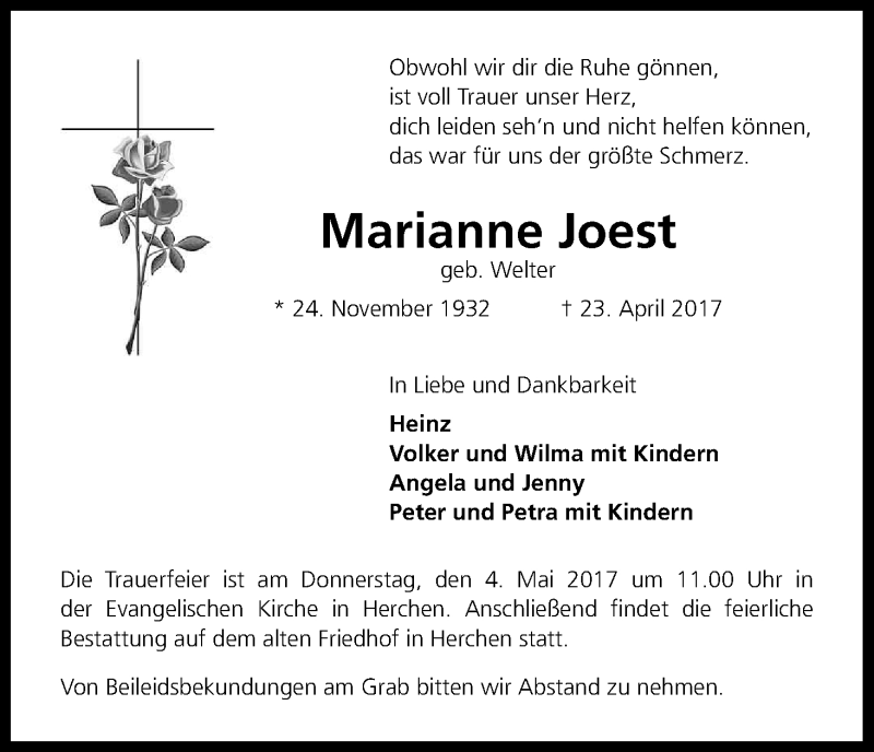  Traueranzeige für Marianne Joest vom 04.05.2017 aus Kölner Stadt-Anzeiger / Kölnische Rundschau / Express