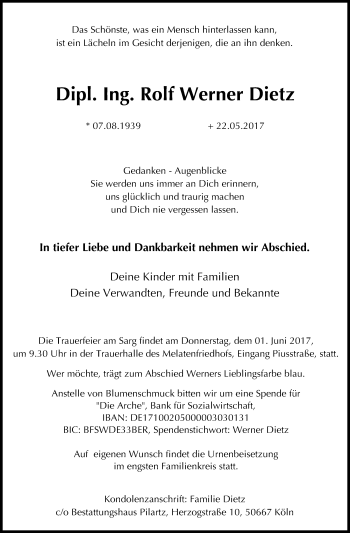 Anzeige von Rolf Werner Dietz von Kölner Stadt-Anzeiger / Kölnische Rundschau / Express