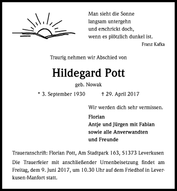 Anzeige von Hildegard Pott von Kölner Stadt-Anzeiger / Kölnische Rundschau / Express