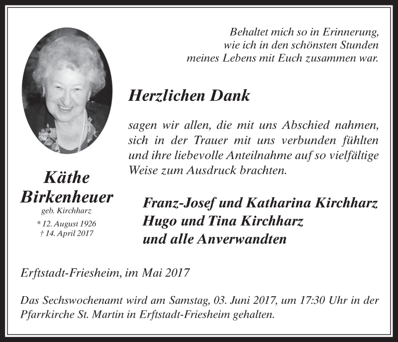  Traueranzeige für Käthe Birkenheuer vom 17.05.2017 aus  Werbepost 