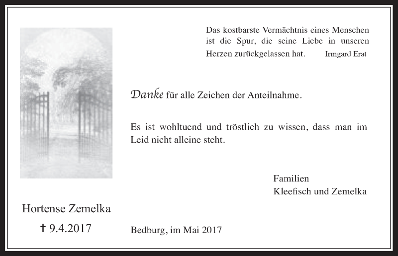  Traueranzeige für Hortense Zemelka vom 17.05.2017 aus  Werbepost 