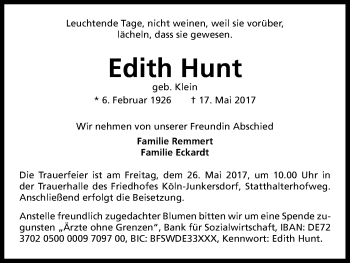 Anzeige von Edith Hunt von Kölner Stadt-Anzeiger / Kölnische Rundschau / Express