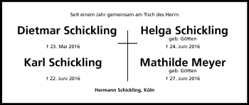 Anzeige von Dietmar/Helga/Karl Schickling von Kölner Stadt-Anzeiger / Kölnische Rundschau / Express