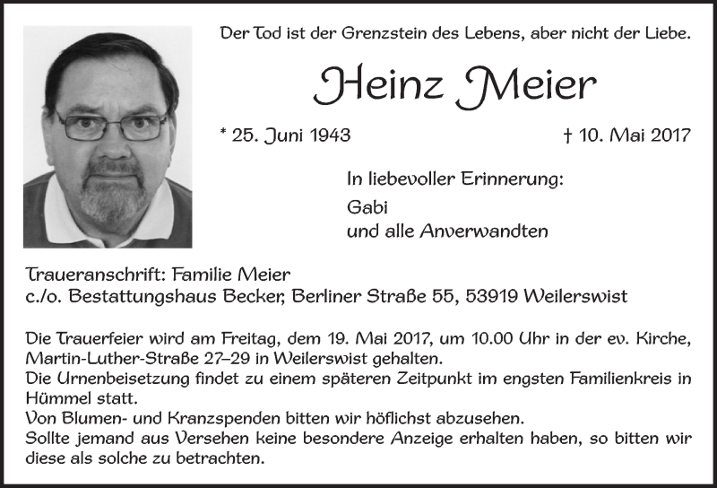  Traueranzeige für Heinz Meier vom 17.05.2017 aus  Schlossbote/Werbekurier 