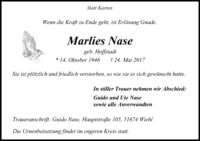  Traueranzeige für Marlies Nase vom 27.05.2017 aus Kölner Stadt-Anzeiger / Kölnische Rundschau / Express