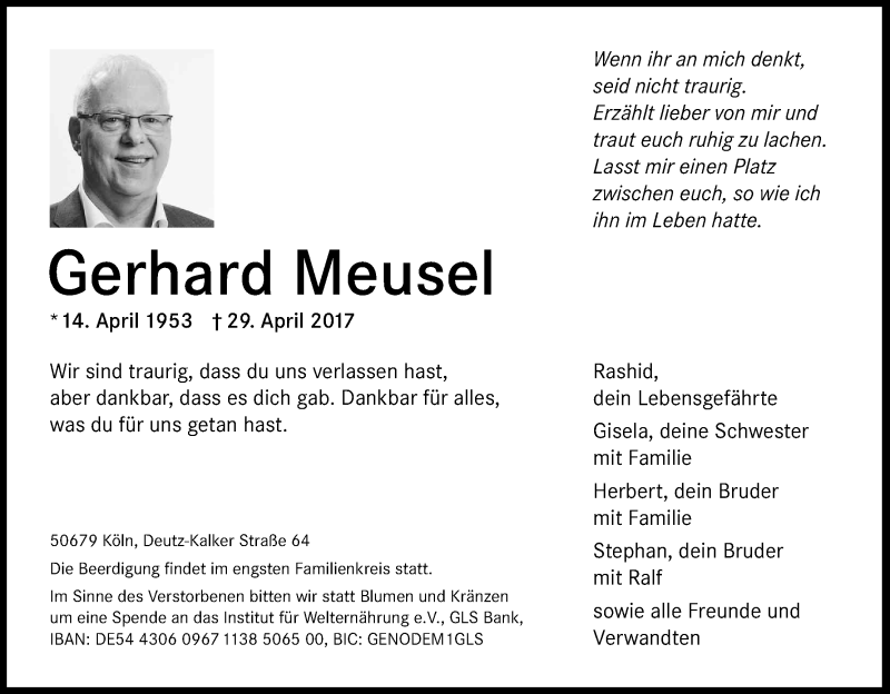  Traueranzeige für Gerhard Meusel vom 08.05.2017 aus Kölner Stadt-Anzeiger / Kölnische Rundschau / Express