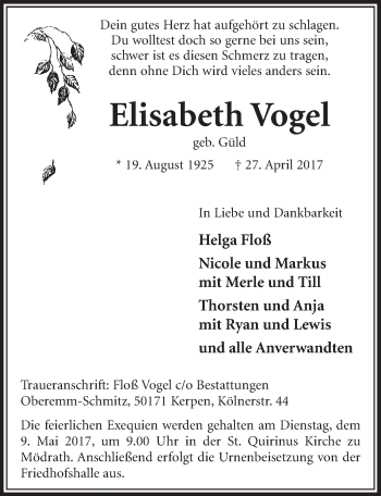 Anzeige von Elisabeth Vogel von  Sonntags-Post 