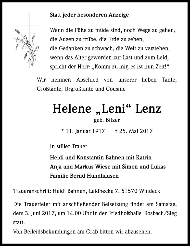  Traueranzeige für Helene Lenz vom 27.05.2017 aus Kölner Stadt-Anzeiger / Kölnische Rundschau / Express