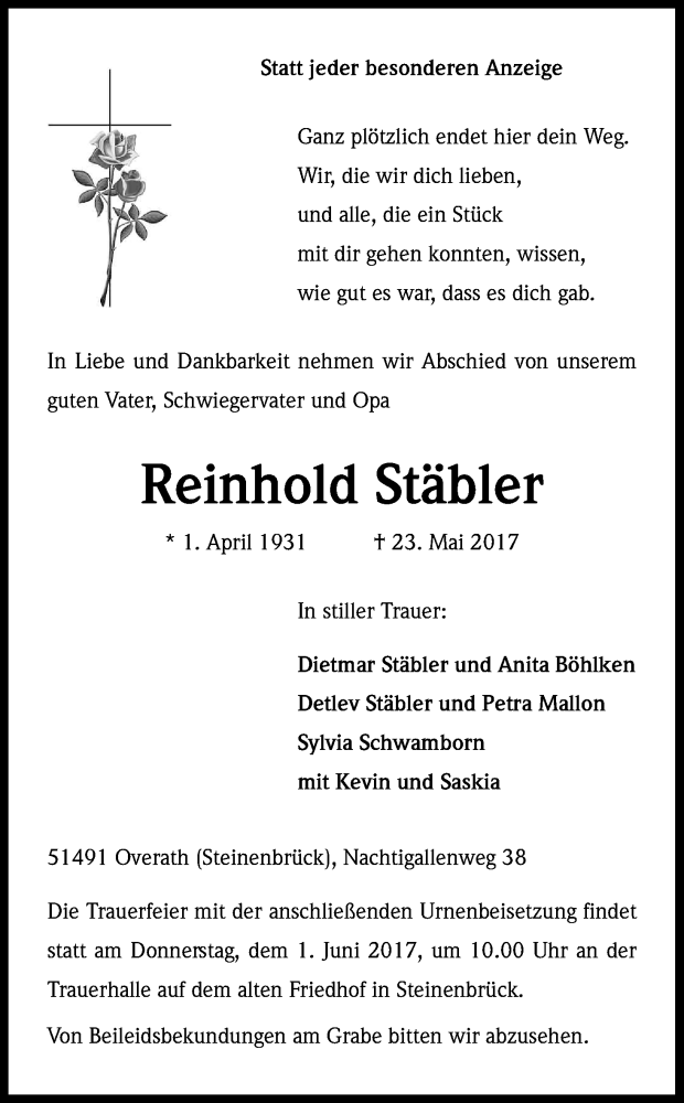  Traueranzeige für Reinhold Stäbler vom 27.05.2017 aus Kölner Stadt-Anzeiger / Kölnische Rundschau / Express