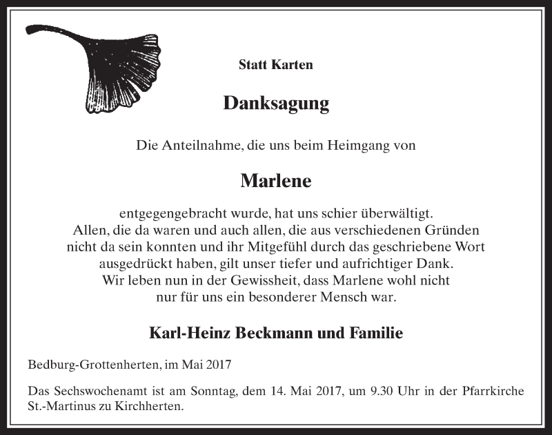  Traueranzeige für Marlene  vom 03.05.2017 aus  Werbepost 