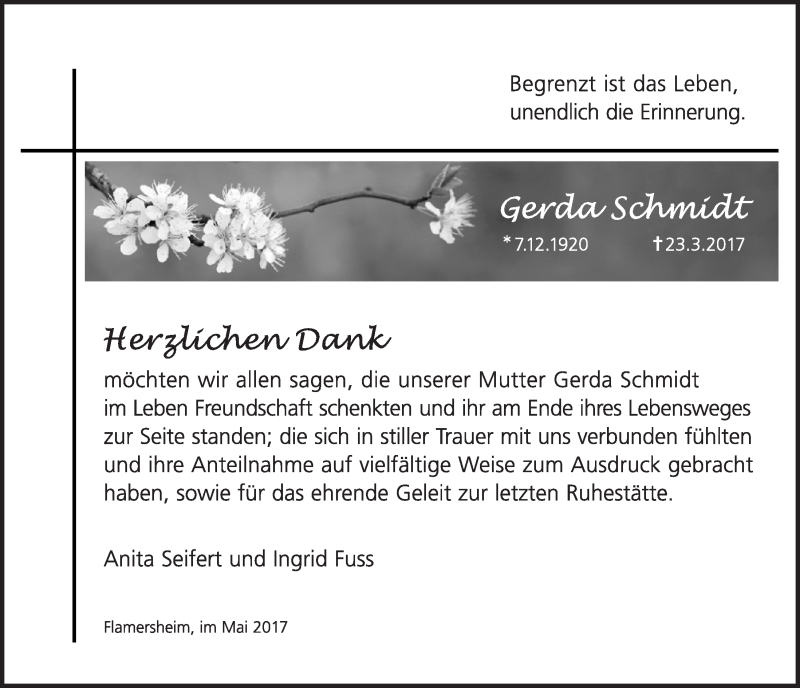  Traueranzeige für Gerda Schmidt vom 27.05.2017 aus  Blickpunkt Euskirchen 