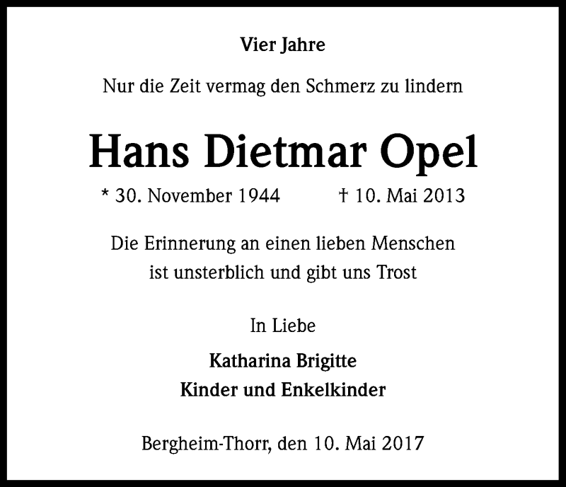  Traueranzeige für Hans Dietmar Opel vom 10.05.2017 aus Kölner Stadt-Anzeiger / Kölnische Rundschau / Express