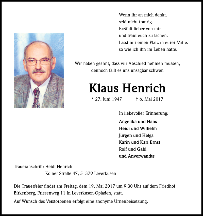  Traueranzeige für Klaus Henrich vom 13.05.2017 aus Kölner Stadt-Anzeiger / Kölnische Rundschau / Express