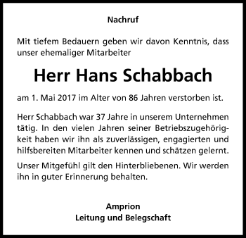 Anzeige von Hans Schabbach von Kölner Stadt-Anzeiger / Kölnische Rundschau / Express