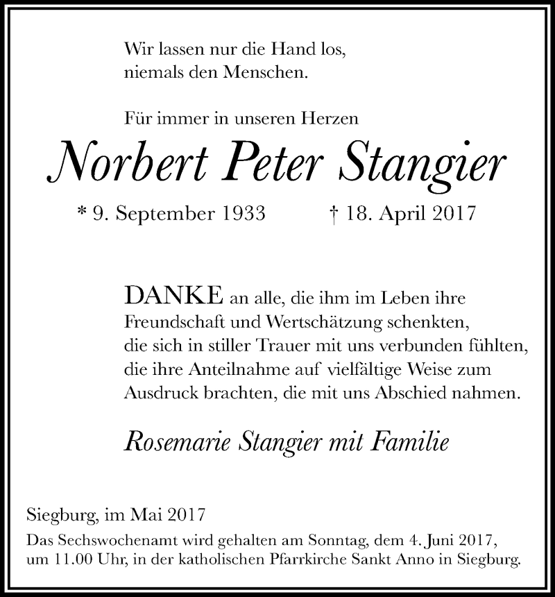  Traueranzeige für Norbert Peter Stangier vom 27.05.2017 aus Kölner Stadt-Anzeiger / Kölnische Rundschau / Express