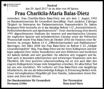 Anzeige von Chariklia-Maria Balas-Dietz von Kölner Stadt-Anzeiger / Kölnische Rundschau / Express
