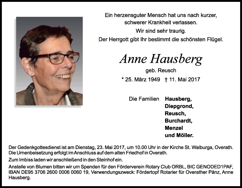  Traueranzeige für Anne Hausberg vom 17.05.2017 aus Kölner Stadt-Anzeiger / Kölnische Rundschau / Express