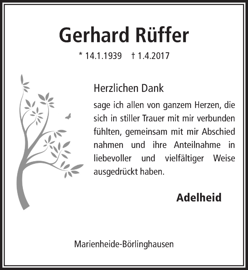  Traueranzeige für Gerhard Rüffer vom 24.05.2017 aus  Anzeigen Echo 