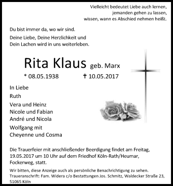 Anzeige von Rita Klaus von Kölner Stadt-Anzeiger / Kölnische Rundschau / Express