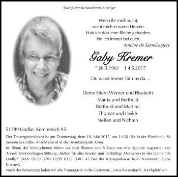Anzeige von Gaby Kremer von Kölner Stadt-Anzeiger / Kölnische Rundschau / Express
