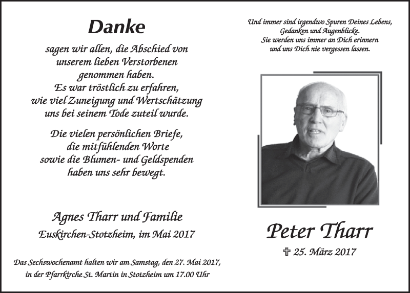  Traueranzeige für Peter Tharr vom 20.05.2017 aus  Blickpunkt Euskirchen 