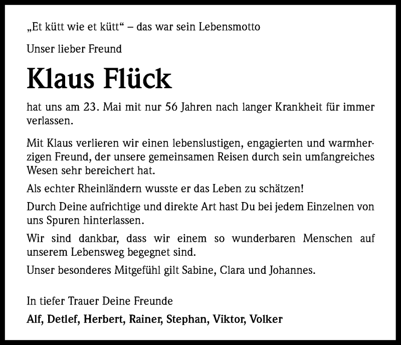  Traueranzeige für Klaus Flück vom 29.05.2017 aus Kölner Stadt-Anzeiger / Kölnische Rundschau / Express