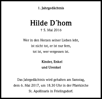 Anzeige von Hilde Dhom von Kölner Stadt-Anzeiger / Kölnische Rundschau / Express