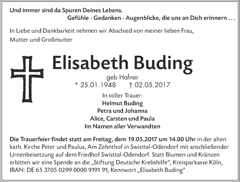  Traueranzeige für Elisabeth Buding vom 13.05.2017 aus  Blickpunkt Euskirchen 