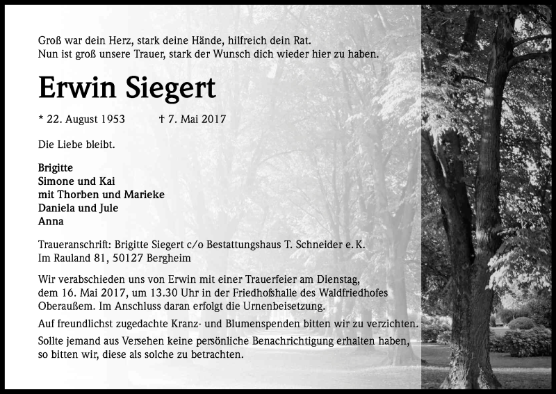  Traueranzeige für Erwin Siegert vom 13.05.2017 aus Kölner Stadt-Anzeiger / Kölnische Rundschau / Express