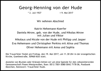 Anzeige von Georg-Henning von der Hude von Kölner Stadt-Anzeiger / Kölnische Rundschau / Express