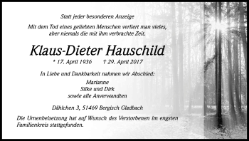 Anzeige von Klaus-Dieter Hauschild von Kölner Stadt-Anzeiger / Kölnische Rundschau / Express