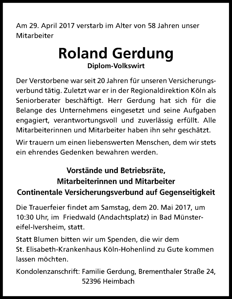  Traueranzeige für Roland Gerdung vom 06.05.2017 aus Kölner Stadt-Anzeiger / Kölnische Rundschau / Express