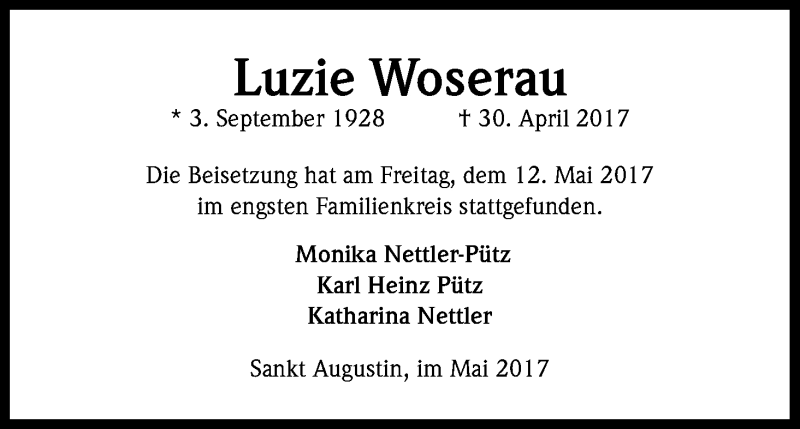  Traueranzeige für Luzie Woserau vom 15.05.2017 aus Kölner Stadt-Anzeiger / Kölnische Rundschau / Express