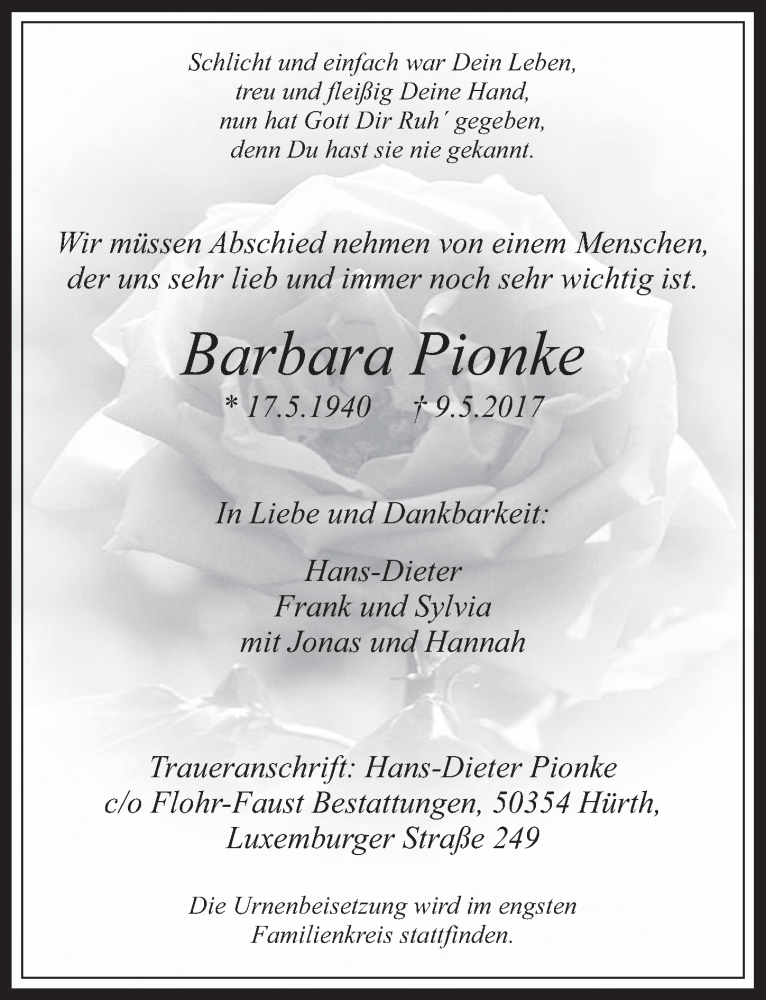  Traueranzeige für Barbara Pionke vom 17.05.2017 aus  Wochenende 