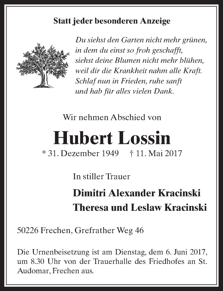  Traueranzeige für Hubert Lossin vom 31.05.2017 aus  Wochenende 