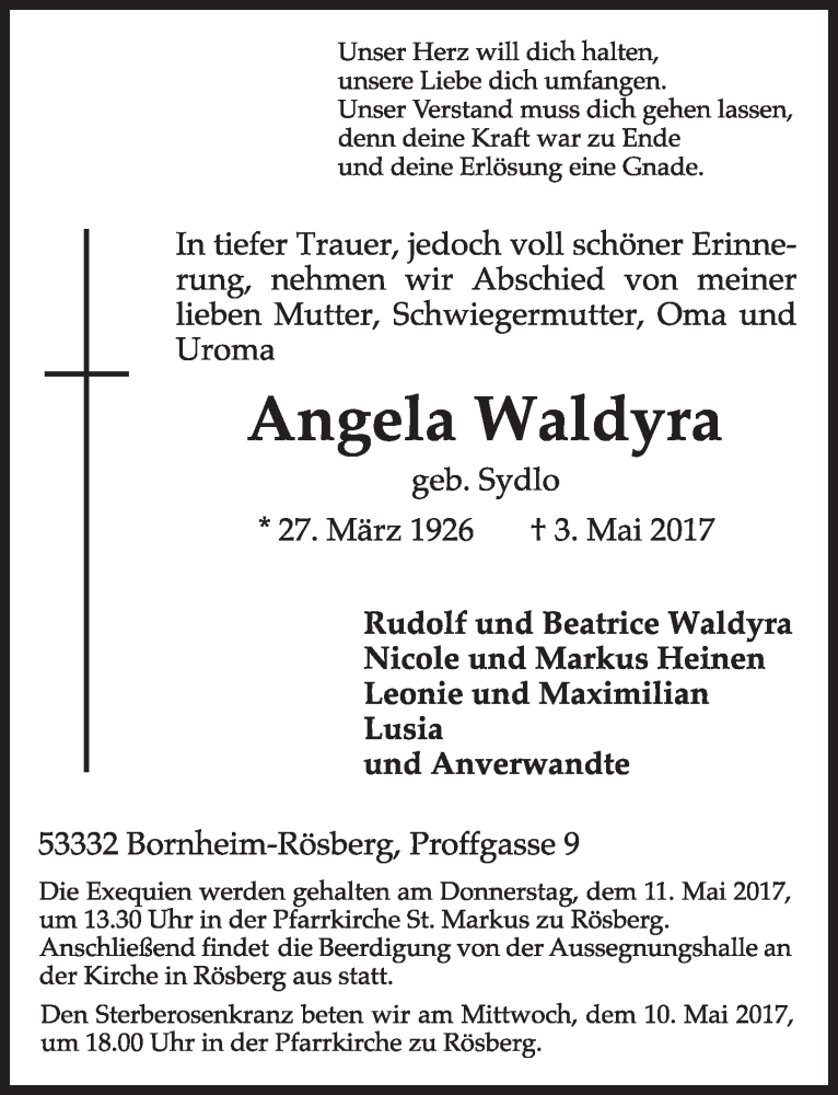  Traueranzeige für Angela Waldyra vom 10.05.2017 aus  Schlossbote/Werbekurier 
