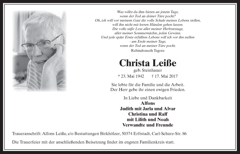  Traueranzeige für Christa Leiße vom 31.05.2017 aus  Werbepost 