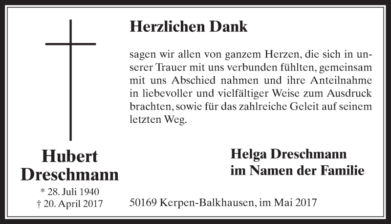  Traueranzeige für Hubert Dreschmann vom 24.05.2017 aus  Werbepost 