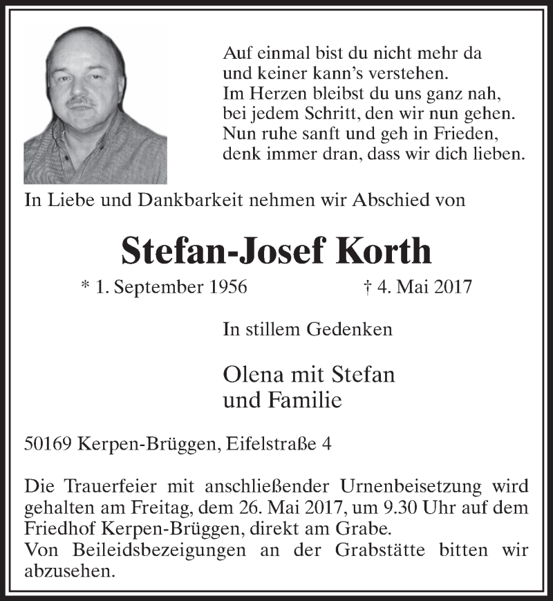  Traueranzeige für Stefan-Josef Korth vom 20.05.2017 aus  Sonntags-Post 