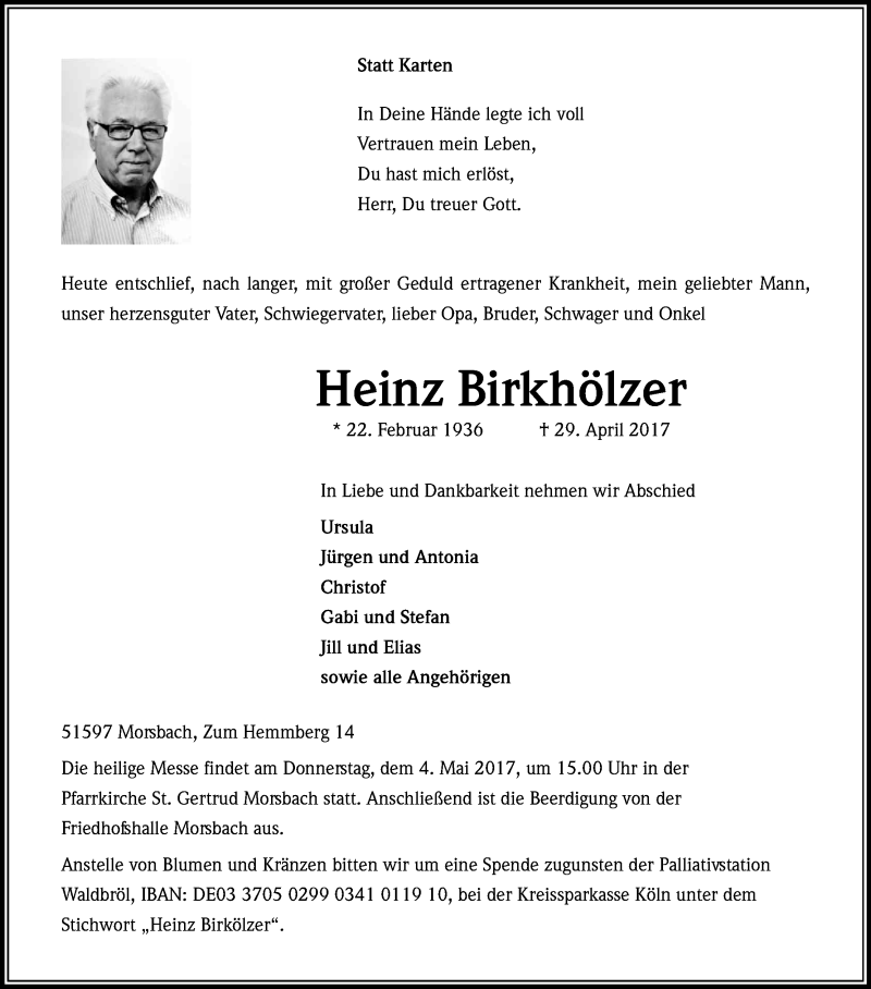  Traueranzeige für Heinz Birkhölzer vom 03.05.2017 aus Kölner Stadt-Anzeiger / Kölnische Rundschau / Express