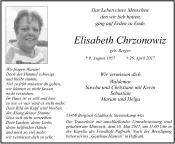 Anzeige von Elisabeth Chrzonowiz von  Bergisches Sonntagsblatt 