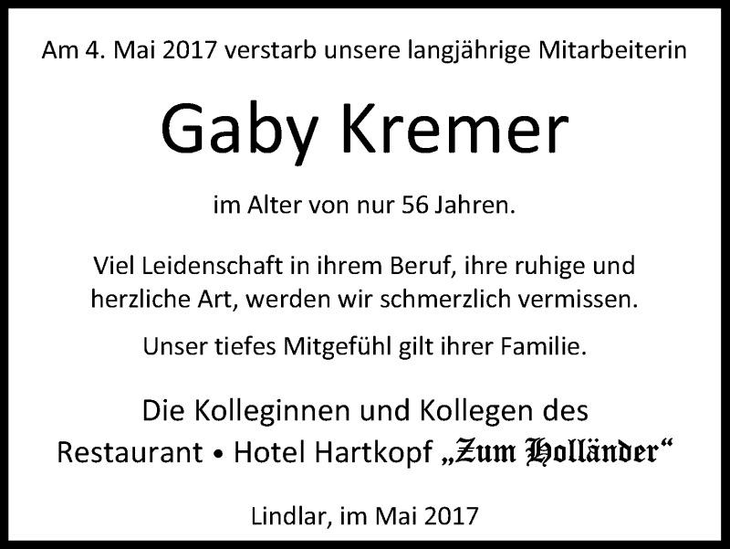  Traueranzeige für Gaby Kremer vom 20.05.2017 aus Kölner Stadt-Anzeiger / Kölnische Rundschau / Express