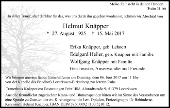 Anzeige von Helmut Knäpper von Kölner Stadt-Anzeiger / Kölnische Rundschau / Express