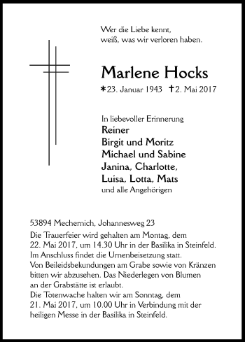 Anzeige von Marlene Hocks von Kölner Stadt-Anzeiger / Kölnische Rundschau / Express
