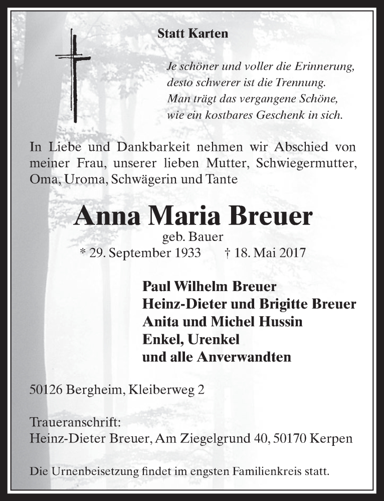  Traueranzeige für Anna Maria Breuer vom 24.05.2017 aus  Werbepost 